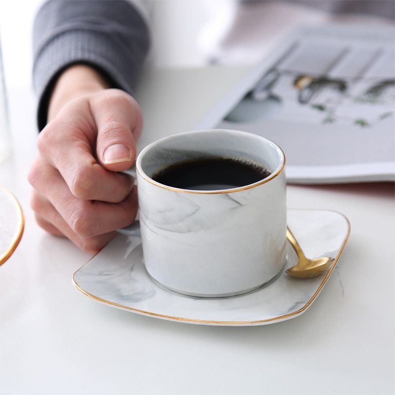 Kaffekopp och fat i marmor keramisk tevattenkopp porslin återanvändbar nespresso latte cappuccinokoppar 220ml
