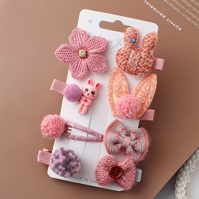 8pcs/set cartoon Hair Clips girl little rabbit hair accessories children cute sweet bow flowers Same color system hairpin: Red