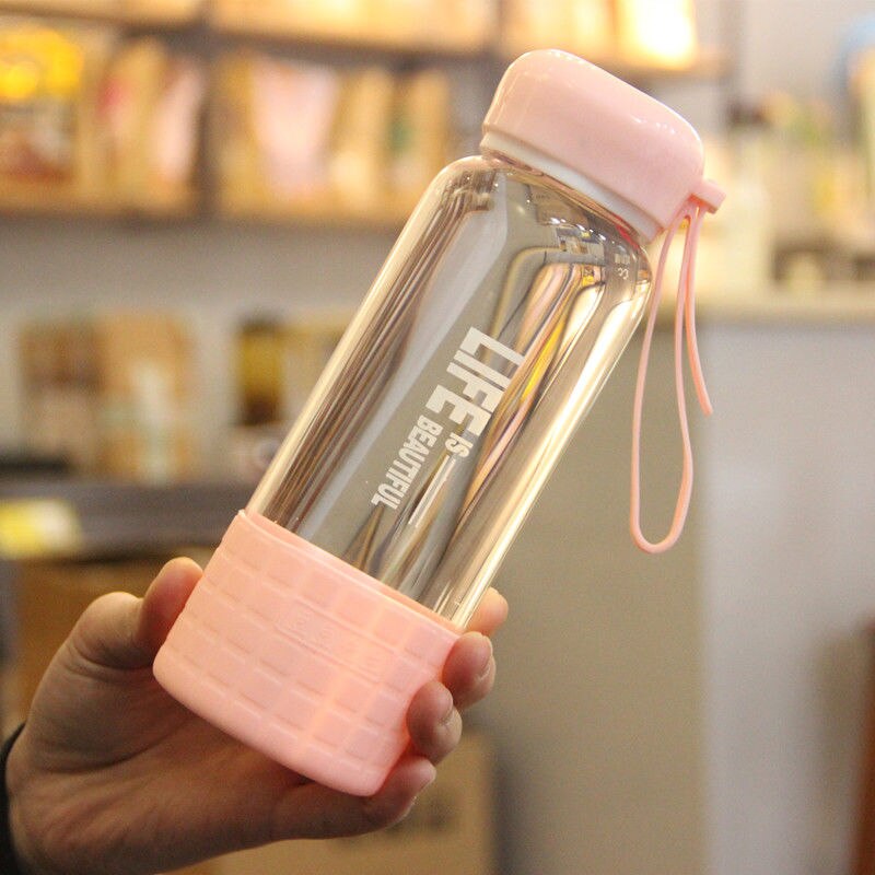 Fsile 450ml glas bærbar kop kvindelig studerende varmebestandig vandflaske frisk og sød enkel koreansk glas vandbæger: Lyserød