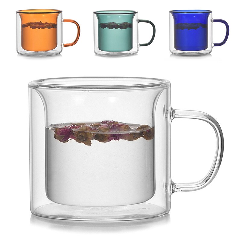 Vaso de agua de vidrio de borosilicato, vaso de agua de doble capa , taza de café Retro multicolor con Mango/200ml