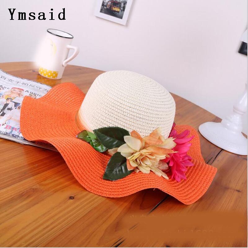 Sombrero de paja con flores para madre e hija, sombrero flexible de ala ancha para playa, verano,