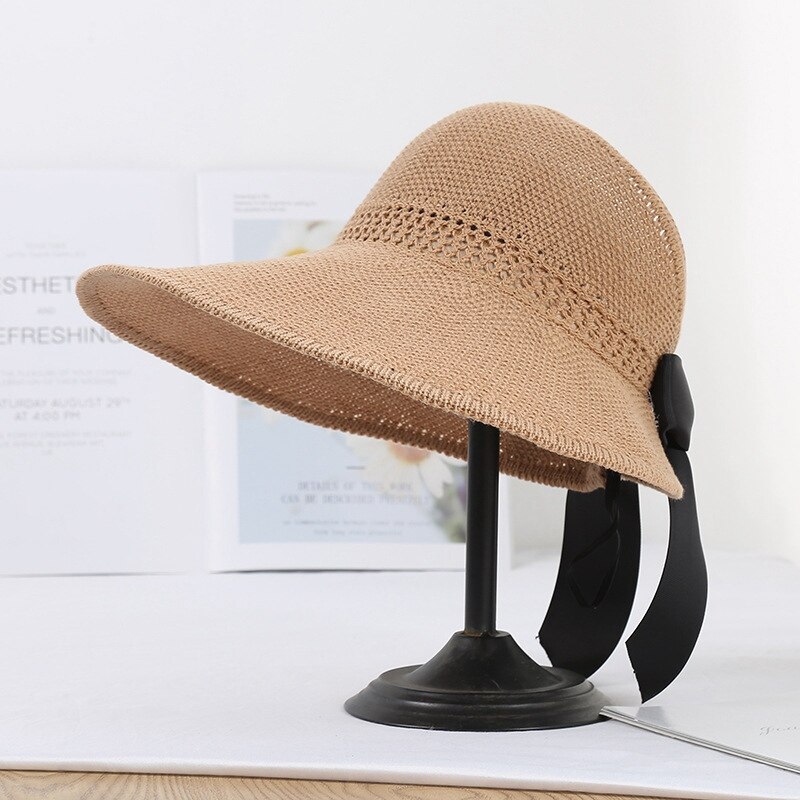 Sombrero de playa con lazo para mujer, gorra de ala ancha plegable, protección solar, visera vacía