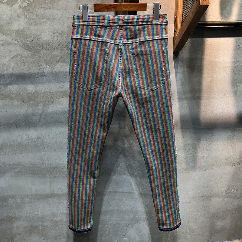 Pantalones vaqueros de estilo ceñido elásticos para hombre de estilo ceñido, azul oscuro, rasgados, a rayas, pantalones de mezclilla con parches, ropa de calle informal Yong Man Jean