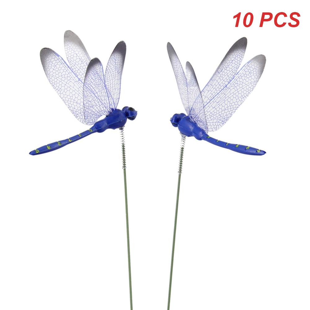 10pcs/set 3D Artificial Dragonfly Garden Decoration Outdoor Simulation Dragonfly Stakes Yard Plant Lawn flower pot Decor Stick: Blue