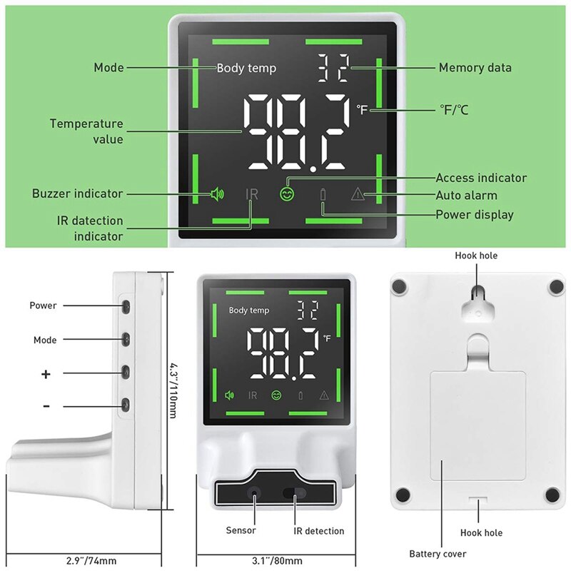 Infrared Body Temperature Thermometer Wall Mounted,Non-Contact Automatic Body Temperature Scanner Check with Fever Alarm