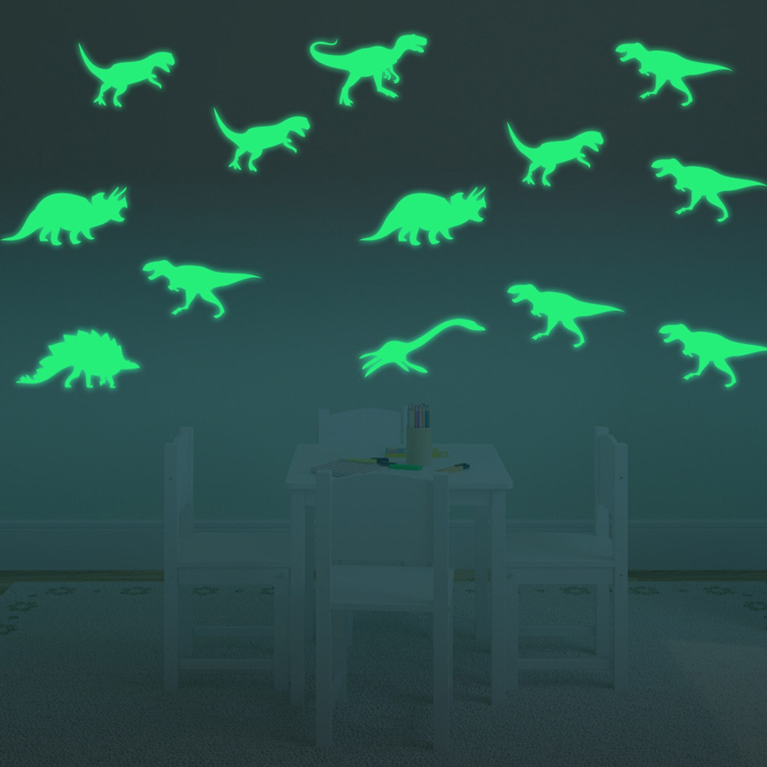 Kids 9Pcs Herbruikbare Mode 3D Dinosaurus Stijl Lichtgevende Glow In The Dark Muurstickers Noctilucent Venster Knipperende Decals Speelgoed