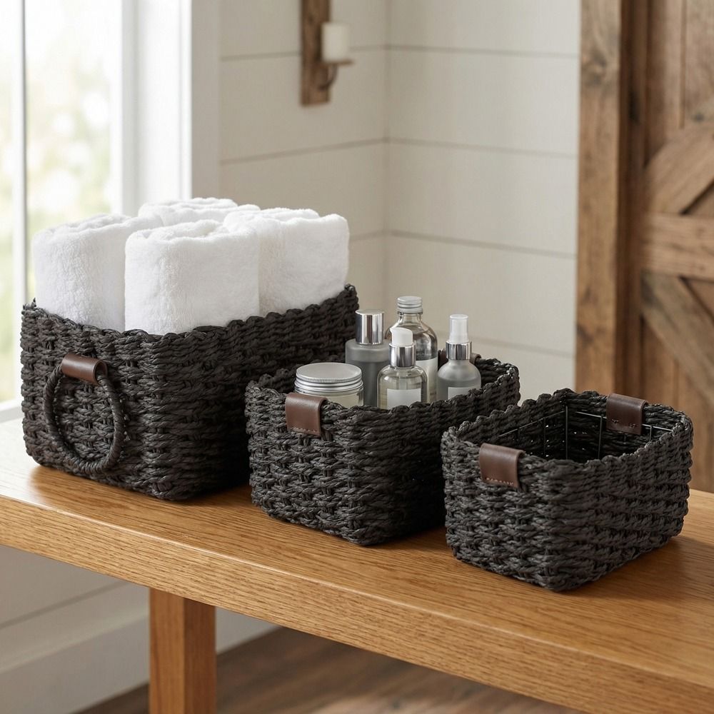 3PCS Handmade Paper Rope Storage Basket Simple Decorative Cosmetics Storage Basket Eco-friendly with Handle Laundry Basket