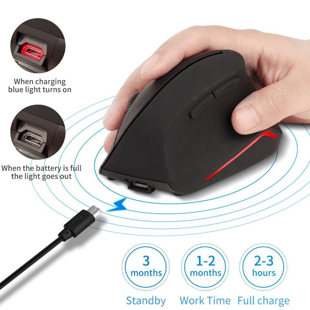 6 Buttons 2.4GHz Vertical Mouse USB Receiver 3 Gears 2400DPI Adjustable Handheld Wireless Charging Mice for Home Office Gamers