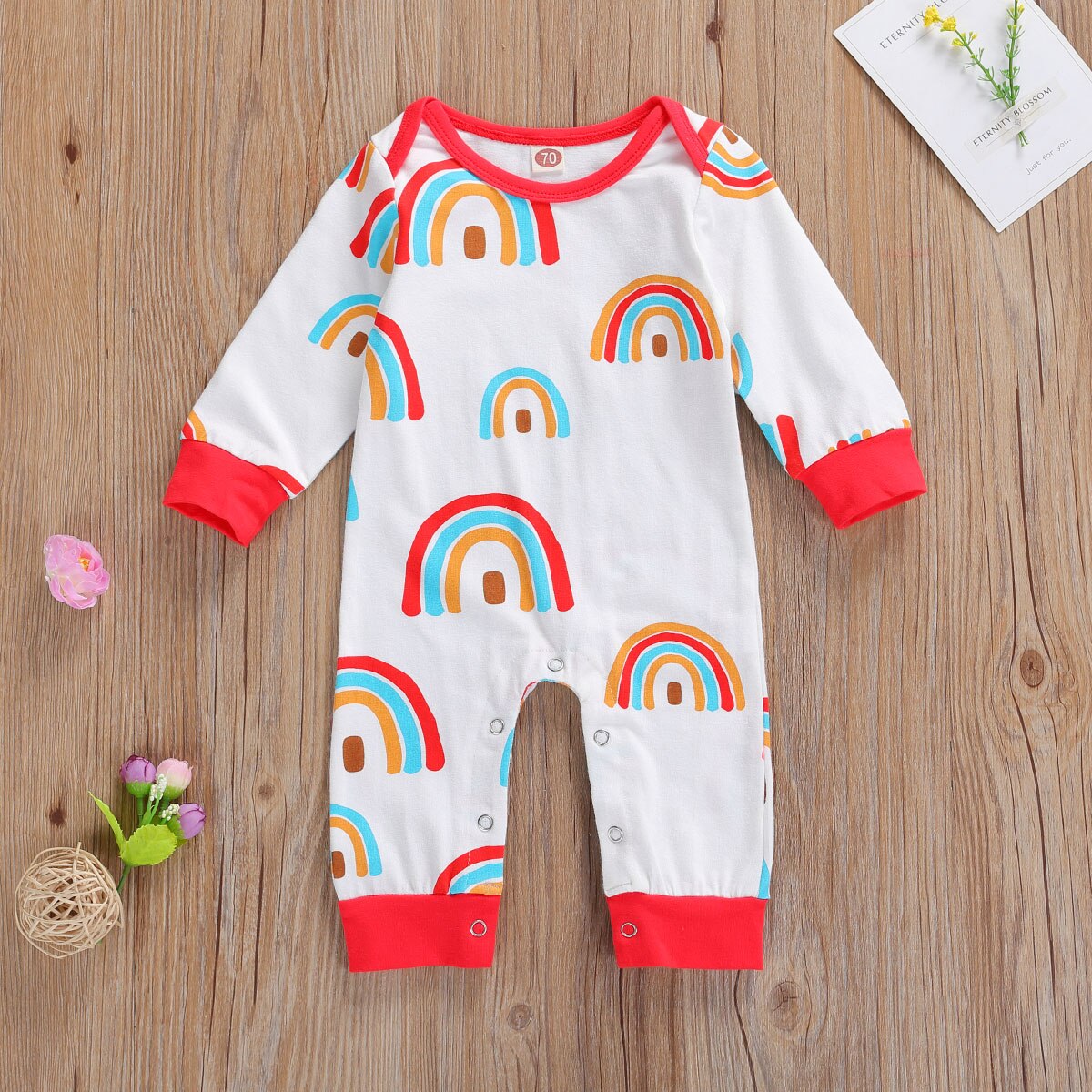 Mise au point Kid bébé filles garçons barboteuse arc-en-ciel impression à manches longues entrejambe boutons automne combinaisons 4 couleurs