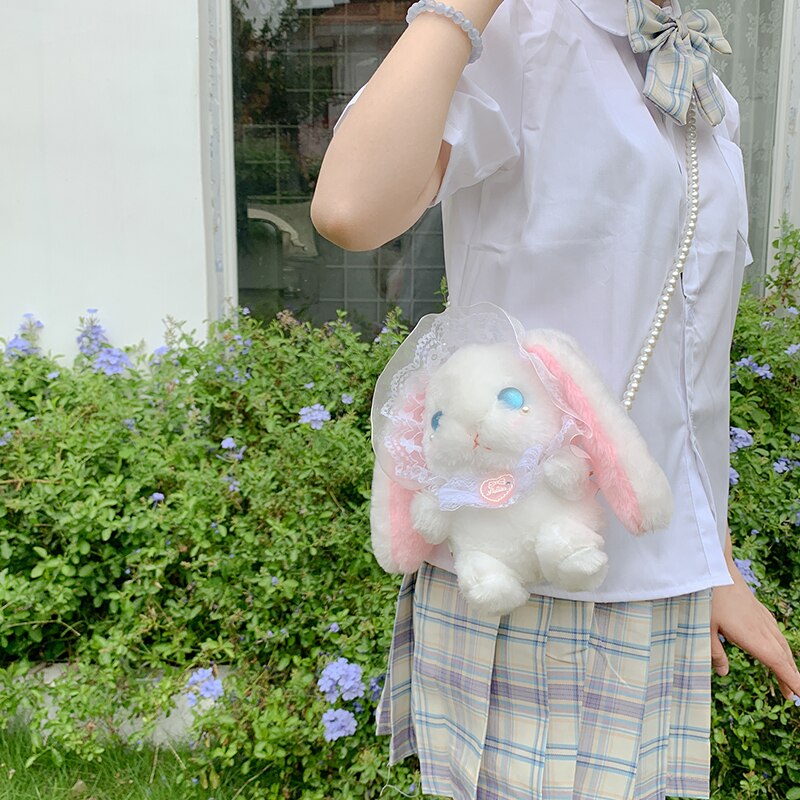 Bolso de conejo japonés Lolita para chica joven, bandolera suave con cadena de perlas, billetera