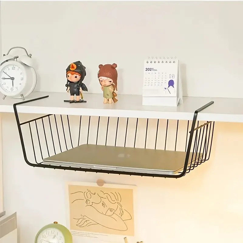 1pc White/Black Hanging Net Basket Iron Material Large Capacity Hanging Under Cabinet Wall Wardrobe Storage Basket Kitchen Tools