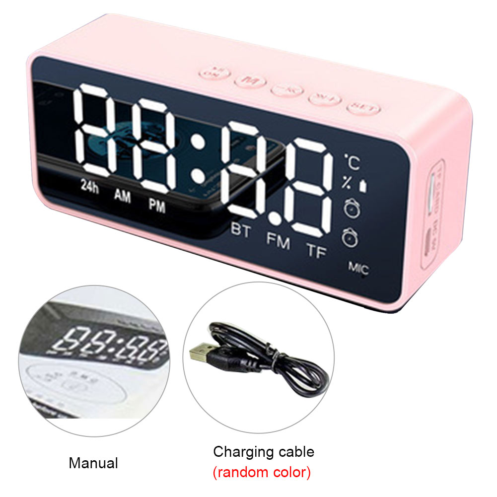 Digital Alarm Clock With Wireless Speaker Mini Household -compatible LED Display USB Rechargeable For Bedroom FM Radio: Pink