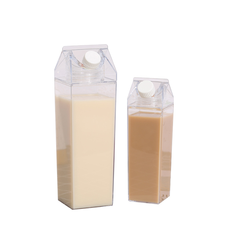 500ml/1000ml mælkekarton vandflaske, bpa fri plast bærbar gennemsigtig boks til juice med børste &amp; strå