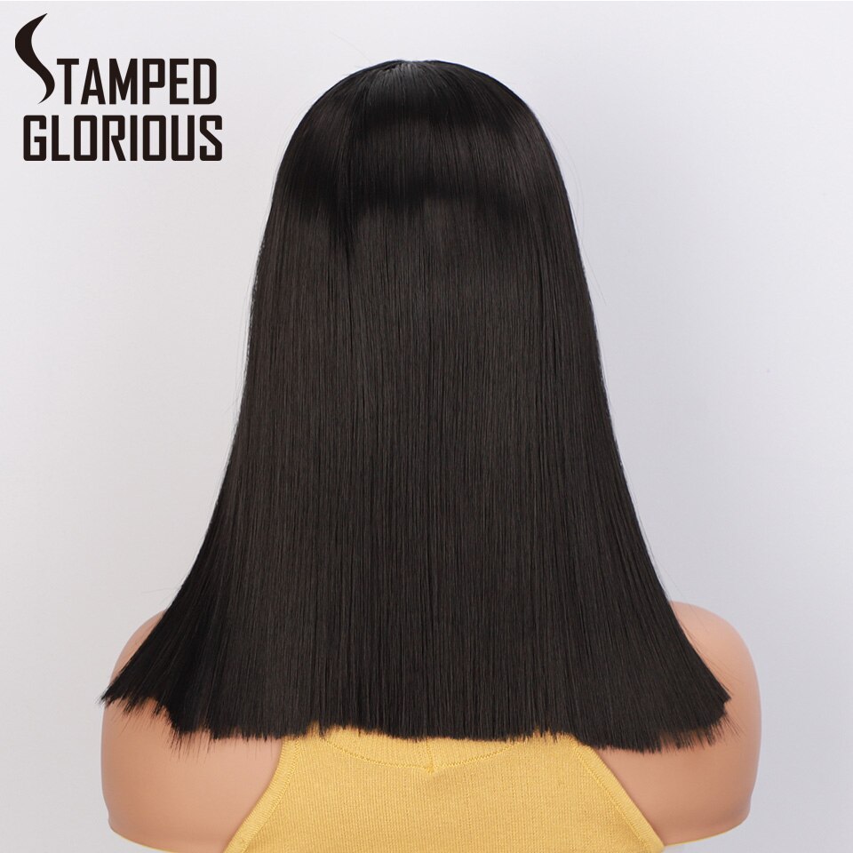 Stamped Glorious Korte Bob Lace Front Pruik Zwarte Rechte Synthetische Pruiken Voor Vrouwen Midden Divisie Gemiddelde Grootte Cap