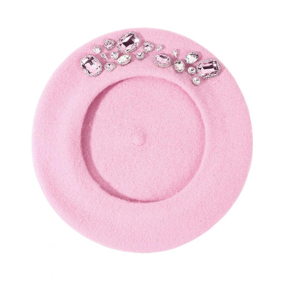 directe Béret français épais en strass, décor thermique sans bords, laine d'artiste, chapeau de peintre de Style français, couvre-chef pour femme: Rose