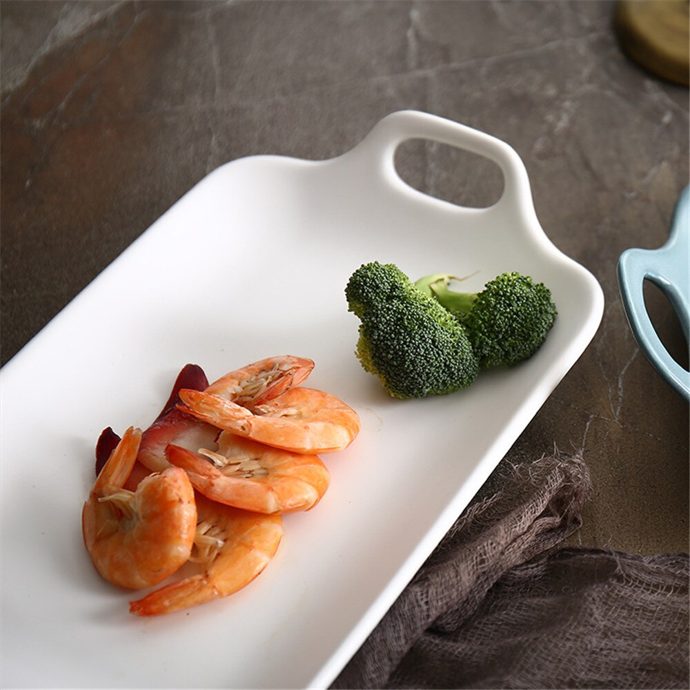 Ins Nordic Ceramic Storage Tray with Handle European Chic Rectangle Dessert Fruit Salad Food Kitchen Storage Plate Table Decor