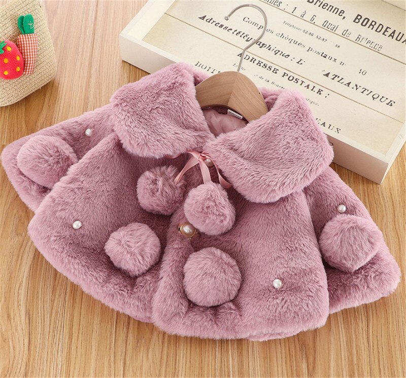 Warm Winter Jassen Kids Baby Effen Kleur Brede Revers Lange Mouwen Bontjas Met Pompoms Parel Leuke Uitloper Kleding Meisje 0-4 Jaar