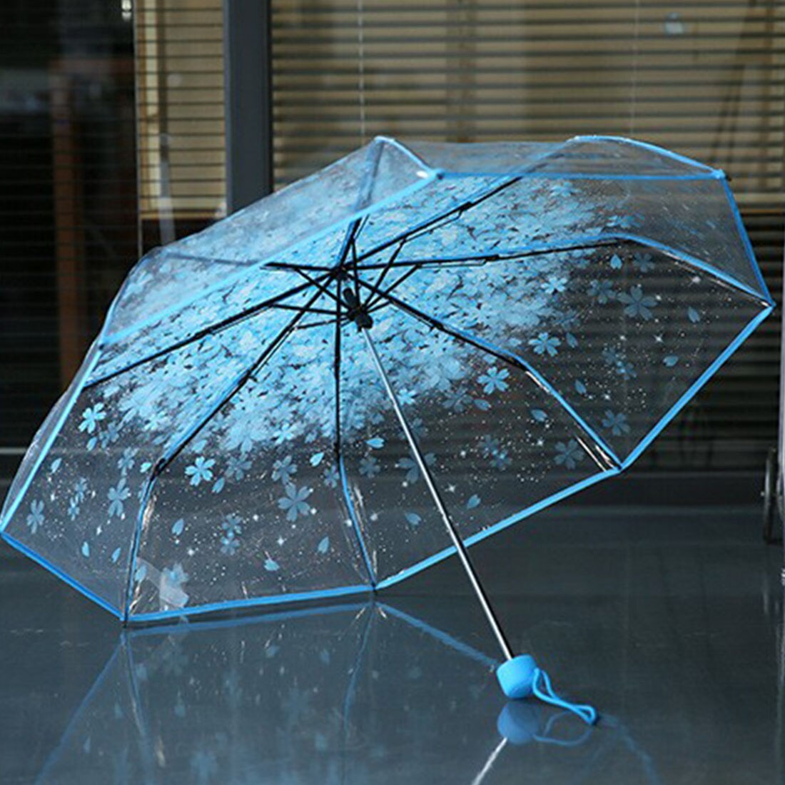 Three Fold Transparent Cherry Umbrella Rain Women Kids Sun Rain Paraguas Compact Folding Windproof Style Clear Umbrella: Blue