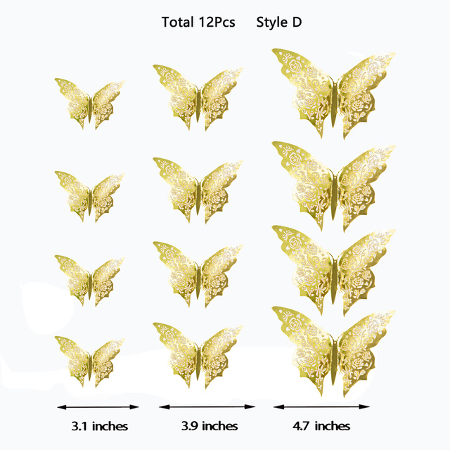 3D Royal Blue Hollow Paper Rose Flower Butterfly Wall Sticker Living Home Decoration Wedding Butterflies Decals: Gold Style D
