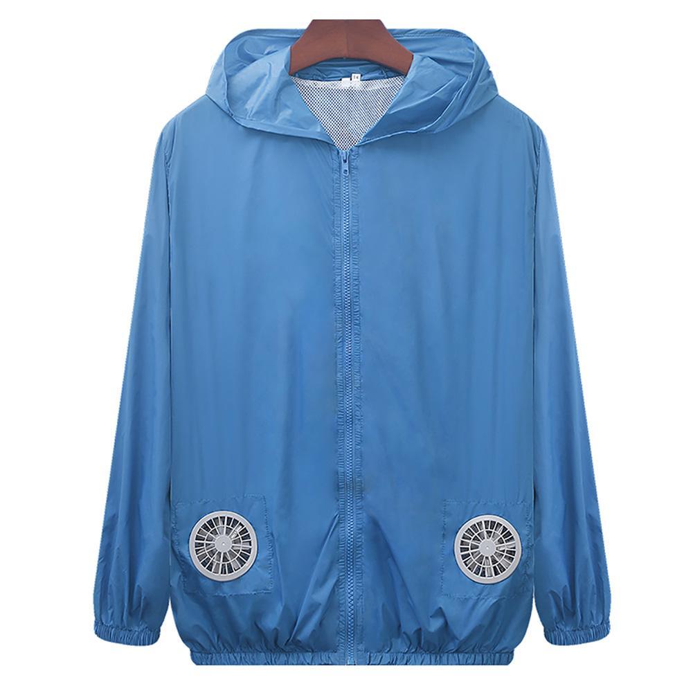 SALES！！Summer Outdoor Unisex Cooling Fan Long Sleeve Hooded Jacket Working Top Coat: Light Blue
