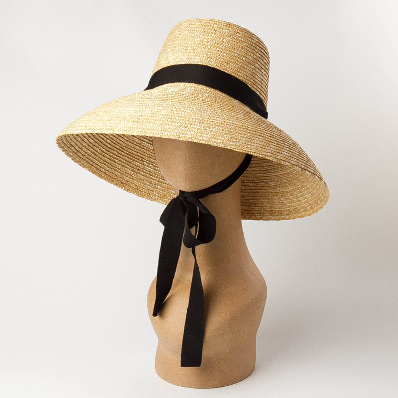 Chapeau de paille de blé pour femmes, grand chapeau souple d&#39;été avec ruban noir et blanc, cravate en dentelle, chapeau de soleil à large bord de 15cm, Protection UV, casquette de plage