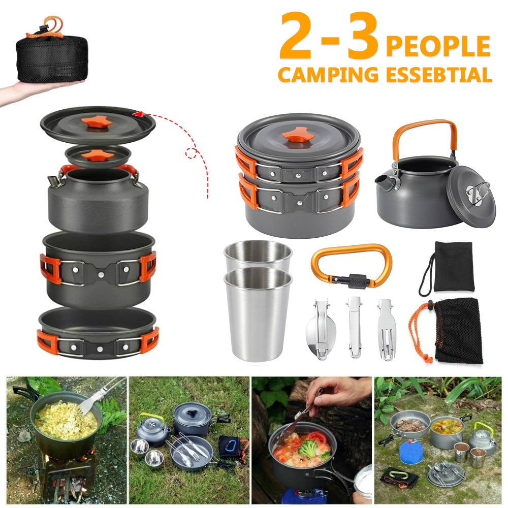 Outdoor Camping Kookgerei Kit Draagbare Aluminium Kookgerei Gebruiksvoorwerpen Ketel Pot Koekenpan Koken Servies Set