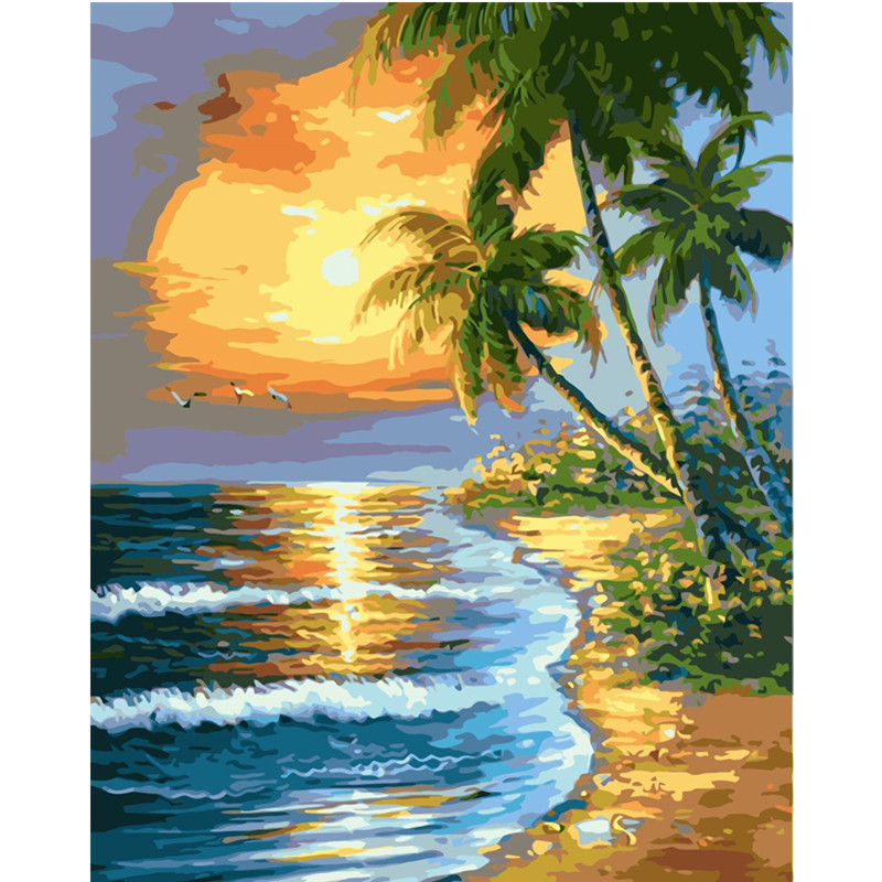 Coucher de soleil plage noix de coco treeScenery bricolage numérique peinture par numéro moderne mur Art toile peinture Unique décor à la maison 40x50cm