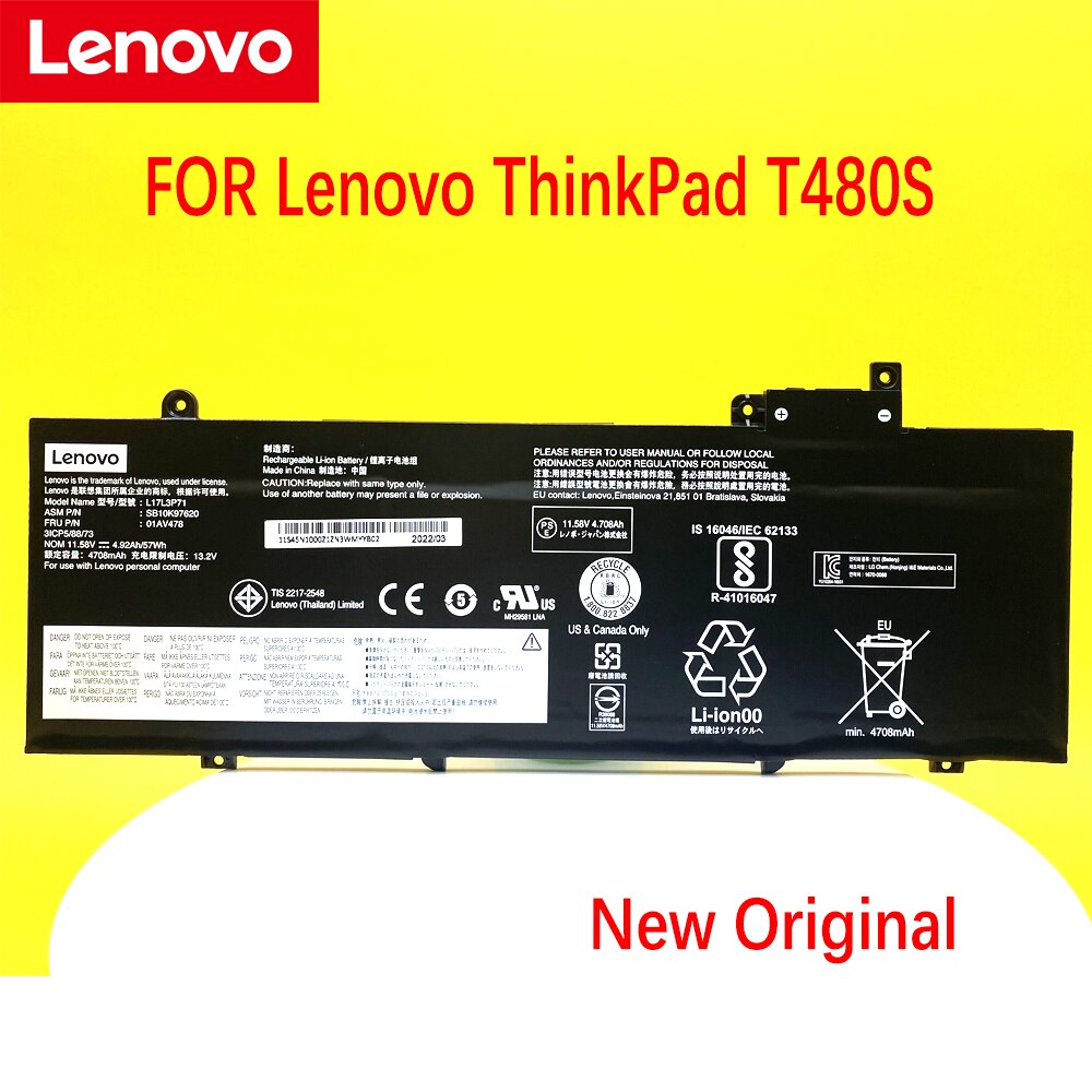 Original Laptop Battery FOR Lenovo ThinkPad T480S Series 01AV478 SB10K97620 01AV479 01AV480 L17L3P71 L17M3P71 L17S3P71