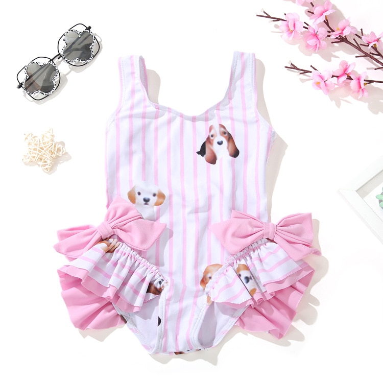 Baby Girls Fluffy Swimwear Spanish Bows Toddler Girls Bathing Suit Striped Cute Dog Pattern Swimsuit Kids