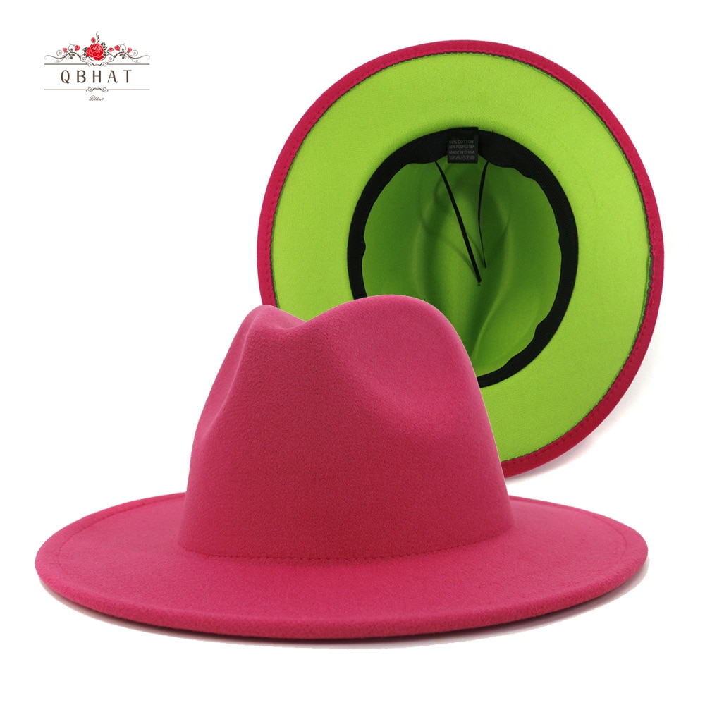 QBHAT Pink and Lime Green Patchwork Wool Felt Fedora Hats Women Large Brim Panama Trilby Jazz Cap Derby Hat Sombrero Mujer