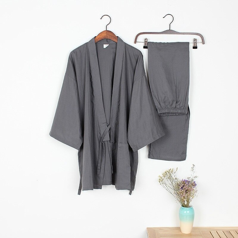 Men Cotton Jpan Kimono Robe Sets Pajamas Tops& Pants Elastic Waist Long Trousers Sleepwear Homewear Nightwear 901-241: Grey / M