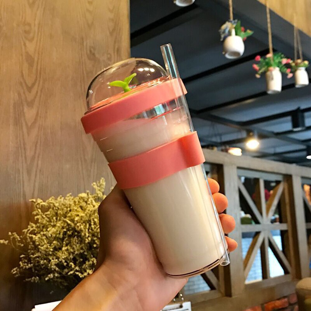 Bärbar plastbubbla te bubbla tebryggare återanvändbar plast kaffekopp läckagesäker kopp kopp te sport tumlare med halm: Rosa / 360ml