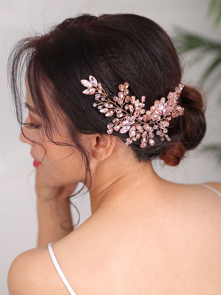 Tiara de novia, diadema de boda, tocado rosa, diadema dorada, tocado de Accesorios nupciales para el cabello para mujer
