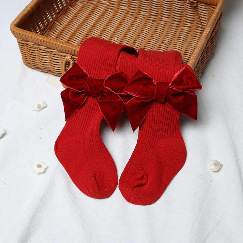 Infantil meias de natal com nervuras meias meninas estiramento meados de rise collants com arcos (vermelho) roupas de bebê inverno: 01 / 70-80cm