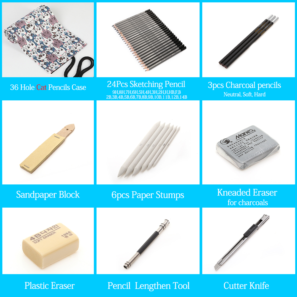 27/39pcs Sketch Pencil Set Sketching Drawing Kit Wood Pencil Pencil Bags For Painter School Students Art Supplies: 36 Cat Pencil Set