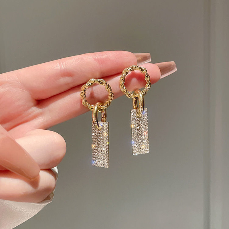 France Style Women's Luxury Zircon Square Pendant Earrings Gold Color Round Shiny Earrings For Women Trendy Jewelry: BRONZE