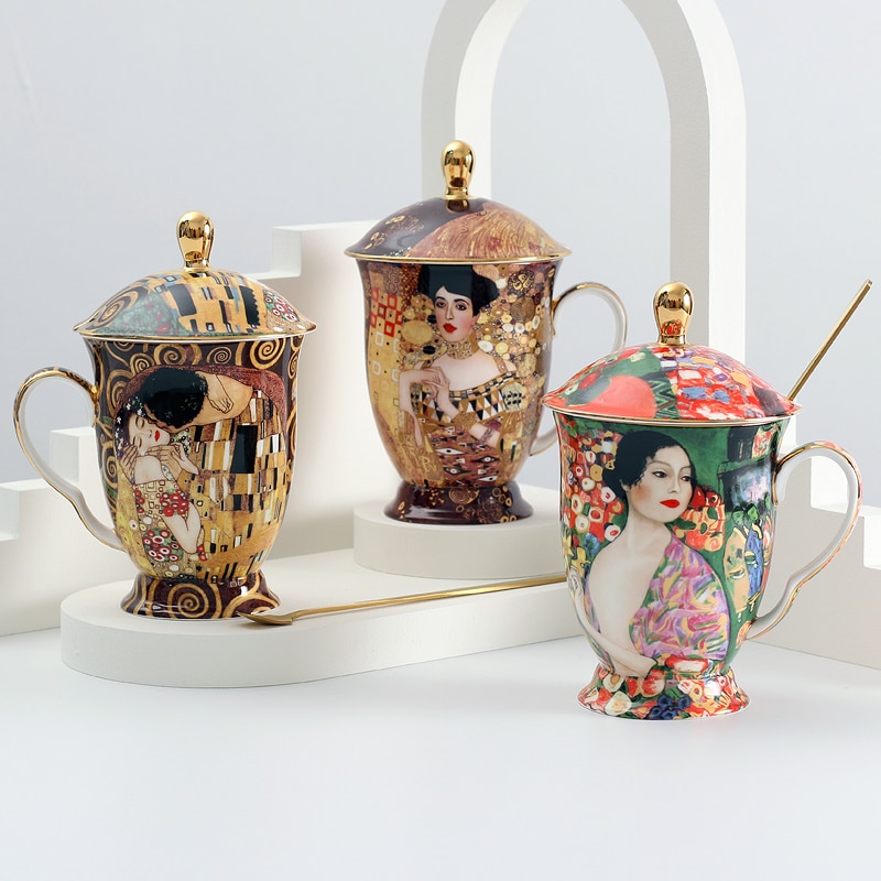 Koffie Mok Met Deksel En Lepel Bone China Antient Klimt Schilderij Thee Kopjes Met Deksel Luxe