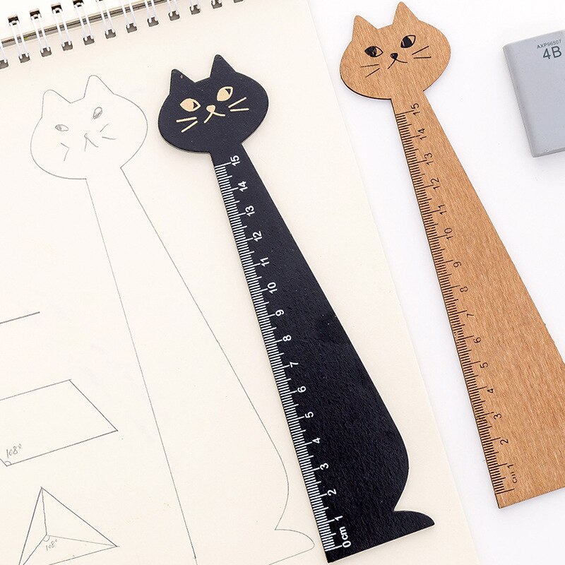 Regla de madera con dibujos animados para gatos, 15 cm, regla recta de medición, herramienta de dibujo, papelería promocional, , suministros escolares