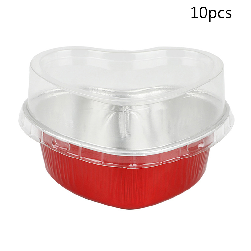 10Pcs Aluminum Foil Cake Pan Heart Shaped Cupcake Cup with Lids 3.4 Ounces Love Cake Cup Tin Foil Paper Cup Oven Cupcake Tool: 2