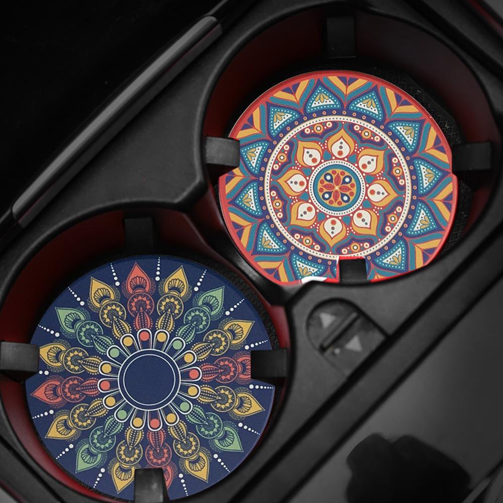 Hållbar exotisk auto mugghållare pad mandala snygg rund absorberande keramisk sten bohemisk stil värmetålig muggunderlägg matta