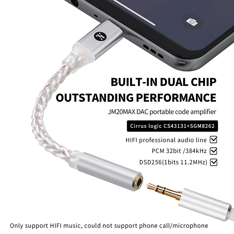Jcally Jm20 Max Dac Type C Naar 3.5Mm Adapter Dongle Cs43131 + Sgm8262 Chipversterker Usb C Voor 3.5Mm Oortelefoon Hoofdtelefoon