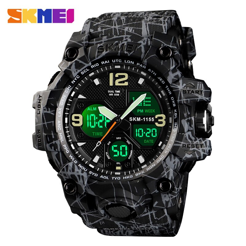 Skmei luminous dual display herre sportsure mandlige quartz armbåndsur stopur automatisk dato alarm elektronisk ur 1155b farve: Grå sort