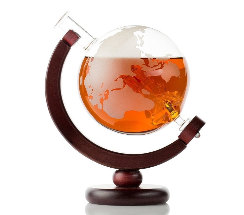 850ML Whiskey Karaffe Antike Schiff Whiskey Spender Für Schnaps Scotch Bourbon Wodka Globus Karaffe Mit Fertig Holz Stehen