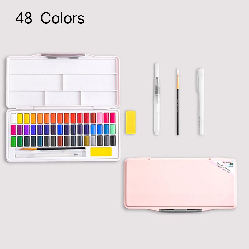 Giorgione Solid Watercolor Pigments Set 24/36/48 Colors Student Portable With Water Brush Hook Pens School Painting Art Supplies: 48-Pink