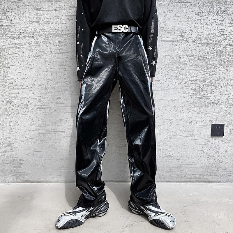 Mannelijke Vintage Streetwear Hip Hop Gothic Podium Modeshow Broek Mannen Heldere Leer Toevallige Rechte Broek