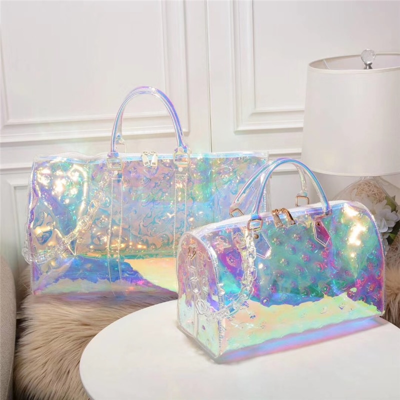 Arc-en-ciel Laser Gril Sport sac brillant femmes voyage sac à main PVC holographique bagage Transparent dame fourre-tout hologramme valises