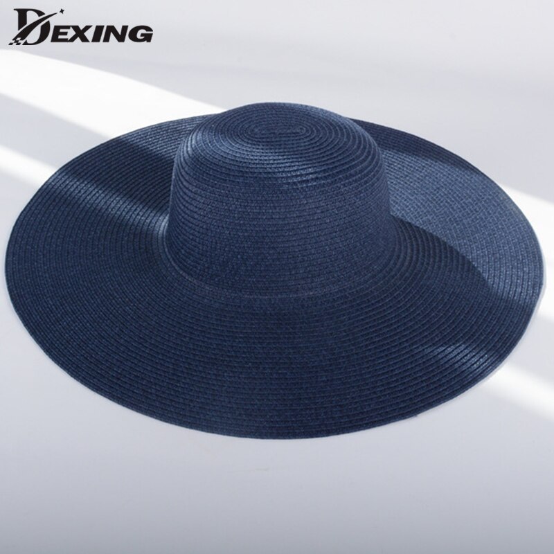 Sommer brede rand halm hatte solide hatte til kvinder uv beskyttelse panama damer floppy fold hat chapeau femme strand hatte kvinder: Mørkeblå