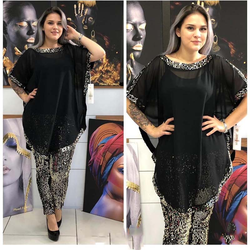 Conjunto africano de dos piezas de gasa, conjunto de ropa Dashiki informal de dos piezas para mujer, Top de manga murciélago y pantalones de tubo de lentejuelas,