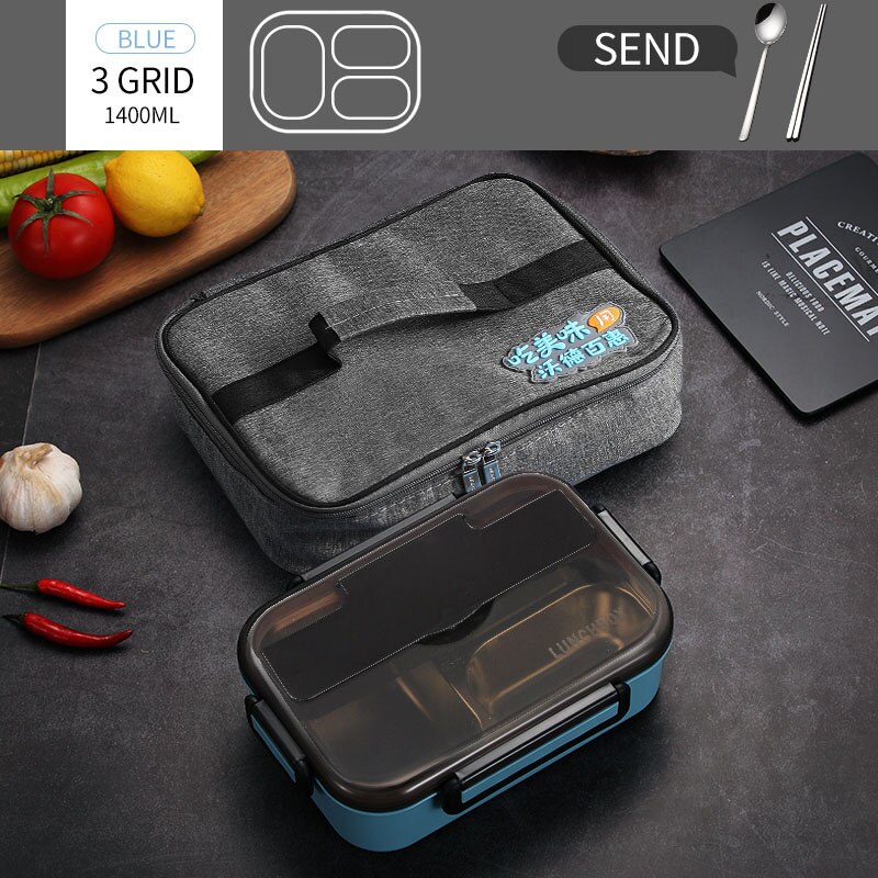 WORTHBUY fiambrera japonesa para niños con compartimentos, caja Bento de acero inoxidable 304 para niños, caja contenedora de alimentos con vajilla: 3 Grid Blue And Bag