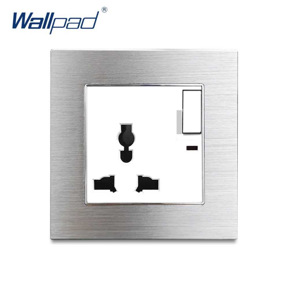 13A Universal Socket With Switch Wallpad Silver Wall Switched Socket Outlet Metal Panel Wall Power Outlet with Neon: White